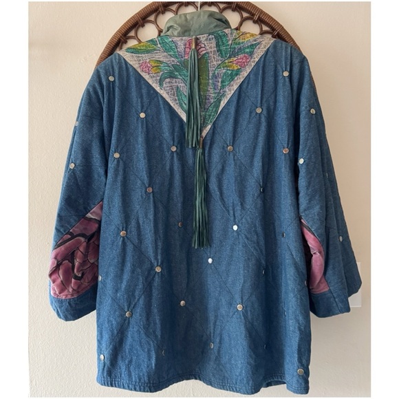 Vintage 90s 80s hand painted leather tassel denim jacket. Size L - Picture 2 of 11
